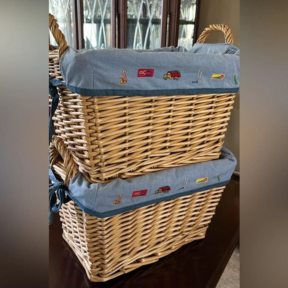 Kids decor bundle of 2 large baskets with embroidered cotton lining